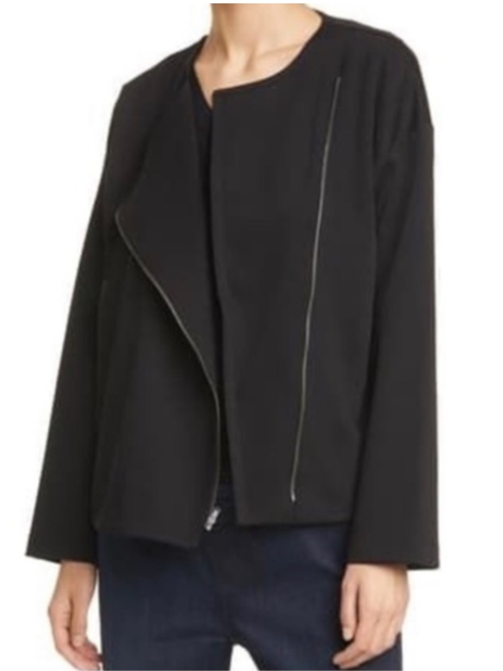 Eileen Fisher Black Merino Boiled Wool Two Way Zip Relaxed Moto Jacket 1X